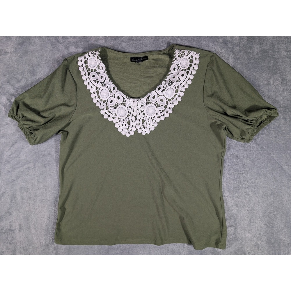 Alison Andrews Womens Medium Olive Green Crochet Lace Collar Puff Sleeve Blouse